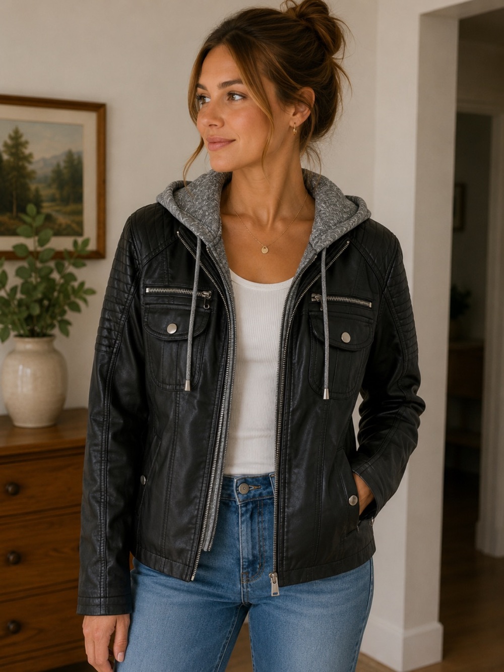 Royalty For Me Black Faux Leather Jacket with Gray Hooded Sherpa Lining